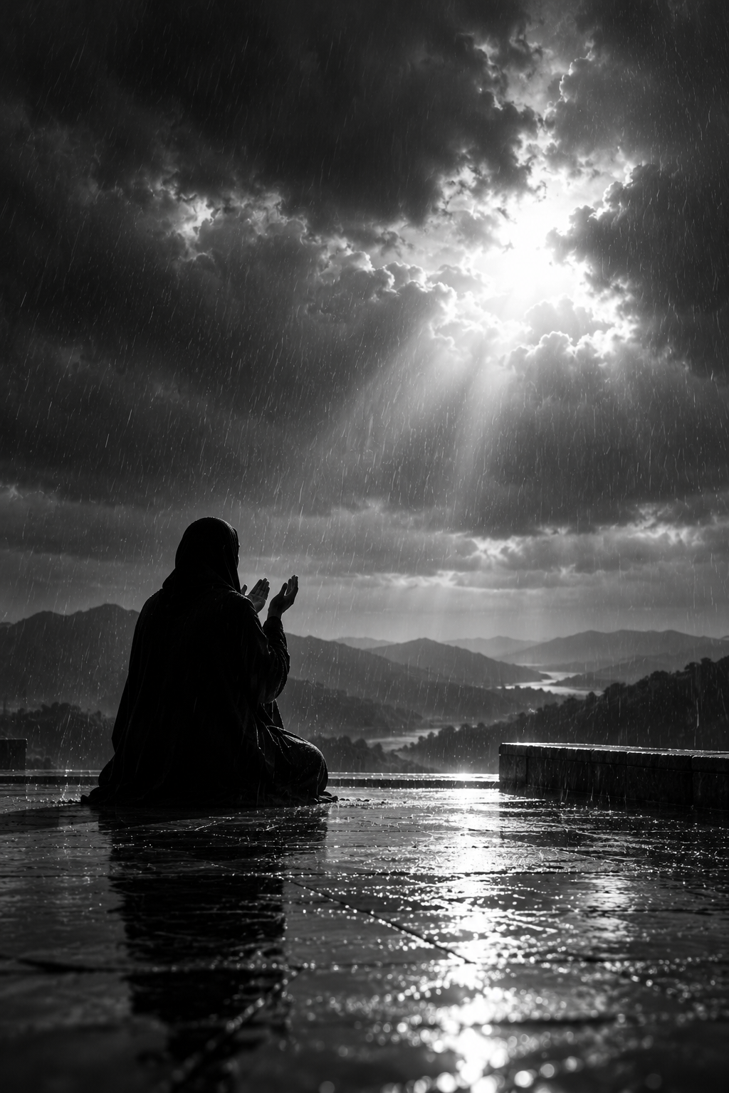 Hands raised in duʿā in a peaceful prayer space